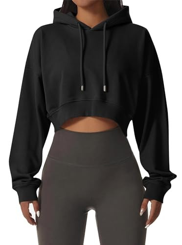 Remidoo Cropped Hoodie Women Long Sleeve Crop Top Casual Drawstring Hooded Sweatshirt Black Small | Amazon (US)