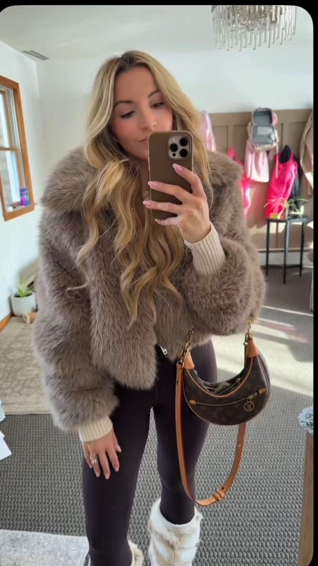 Winter Outfit of the day fur coat brown high waisted leggings crew socks cable knit cropped sweater fur boots moon boots apres ski vibes NYC what to wear mom life outfit Inspo 

#LTKdayinmylife #LTKvlog #LTKSeasonal