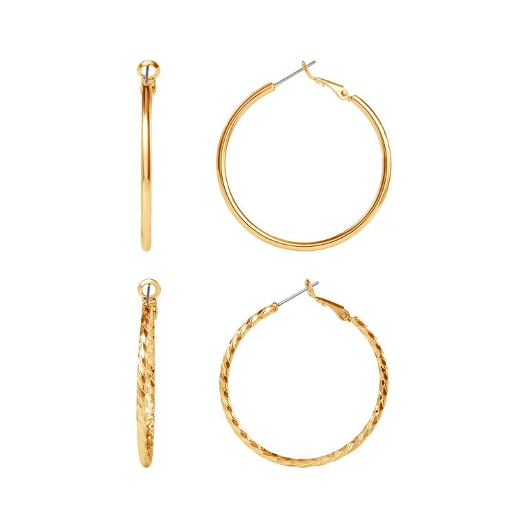 Believe By Brilliance Women's Yellow Gold Plated Polished and Twisted Hoop Earring Set, 2 Pairs | Walmart (US)