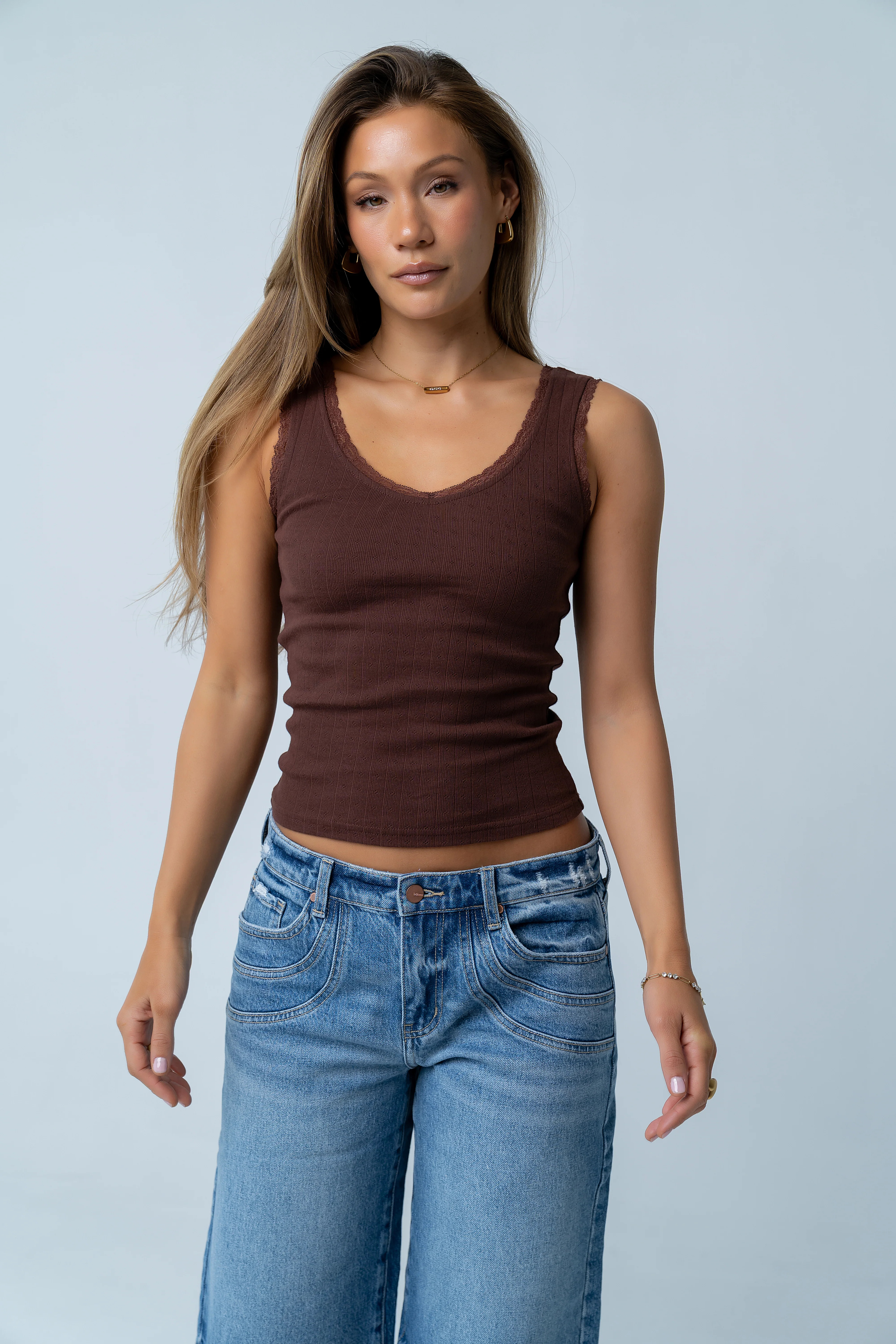 Mackie Lace Trim Tank in Brown | Böhme US