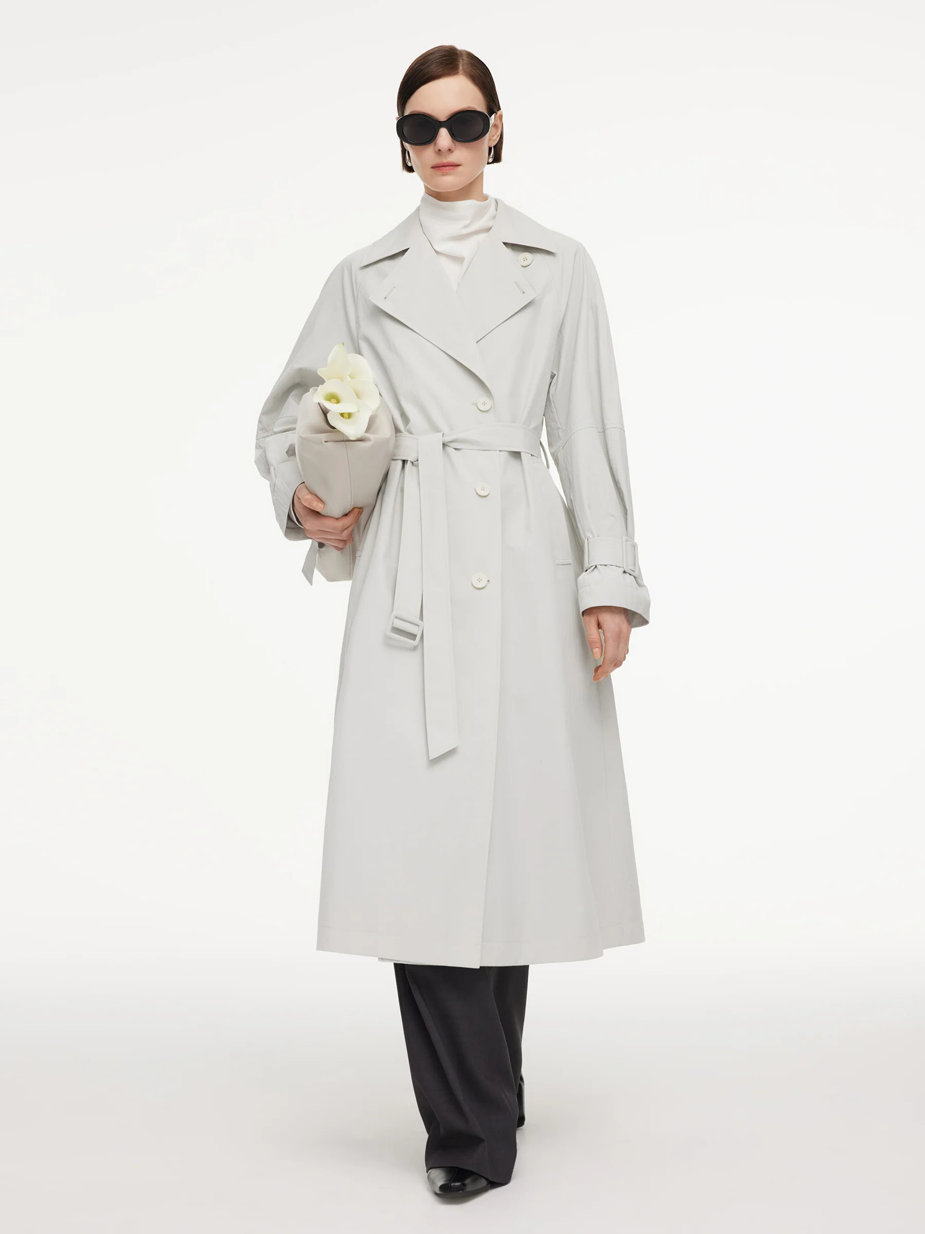 Cotton Blend Relaxed H-line Women Belted Long Trench Coat Stone Grey / M | GOELIA