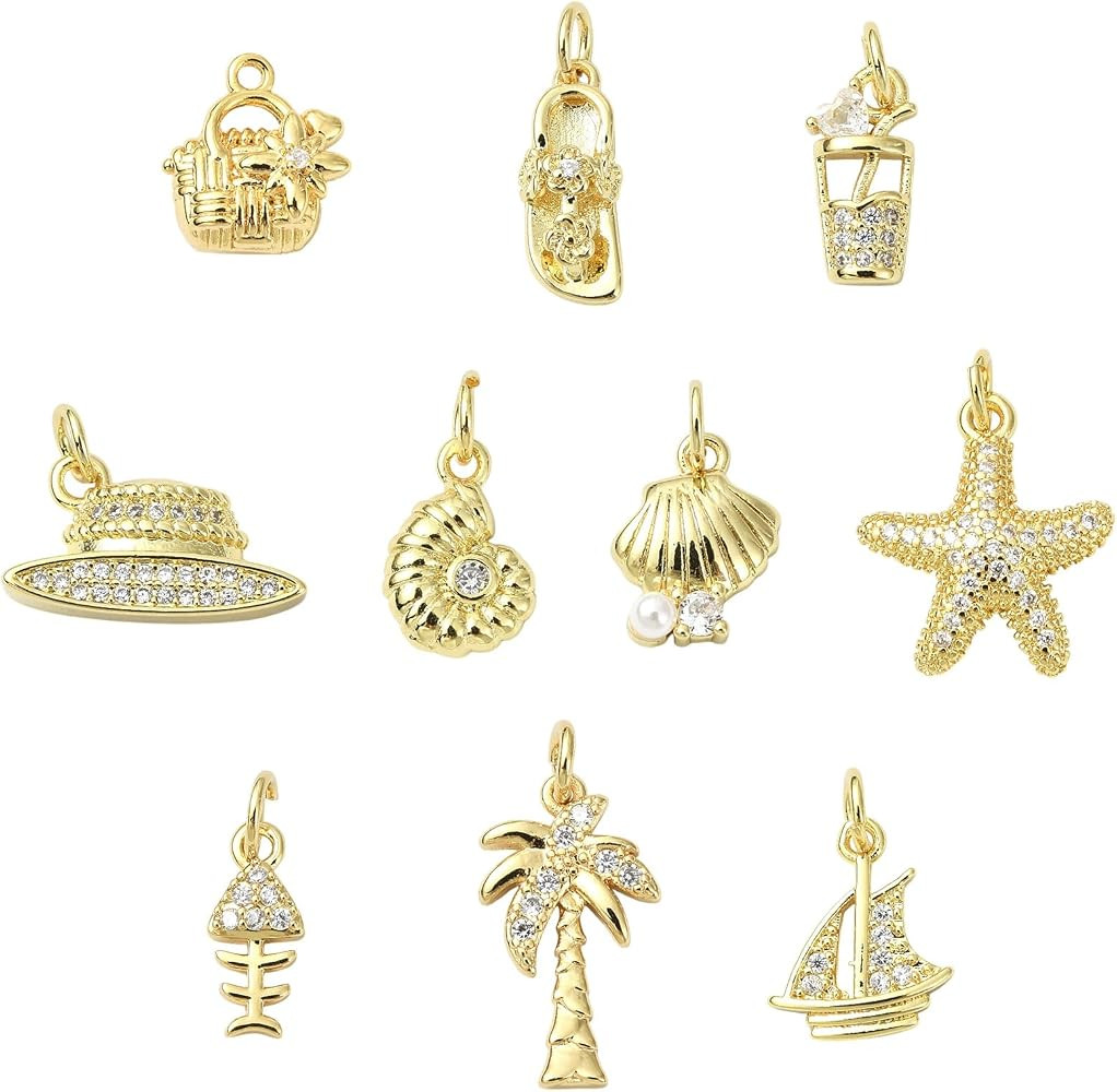 KitBeads 9Pcs Tropical Hawaii Cubic Zirconia Charms Gold Plated Palm Tree Starfish Seashell Charm... | Amazon (US)