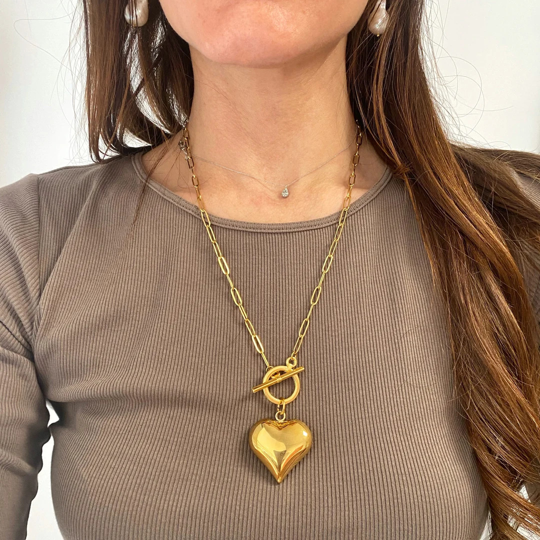 Puffy Heart Necklace, Long Heart Necklace, Gold Tone Large Heart Necklace, Big Toggle Necklace Wi... | Etsy (US)