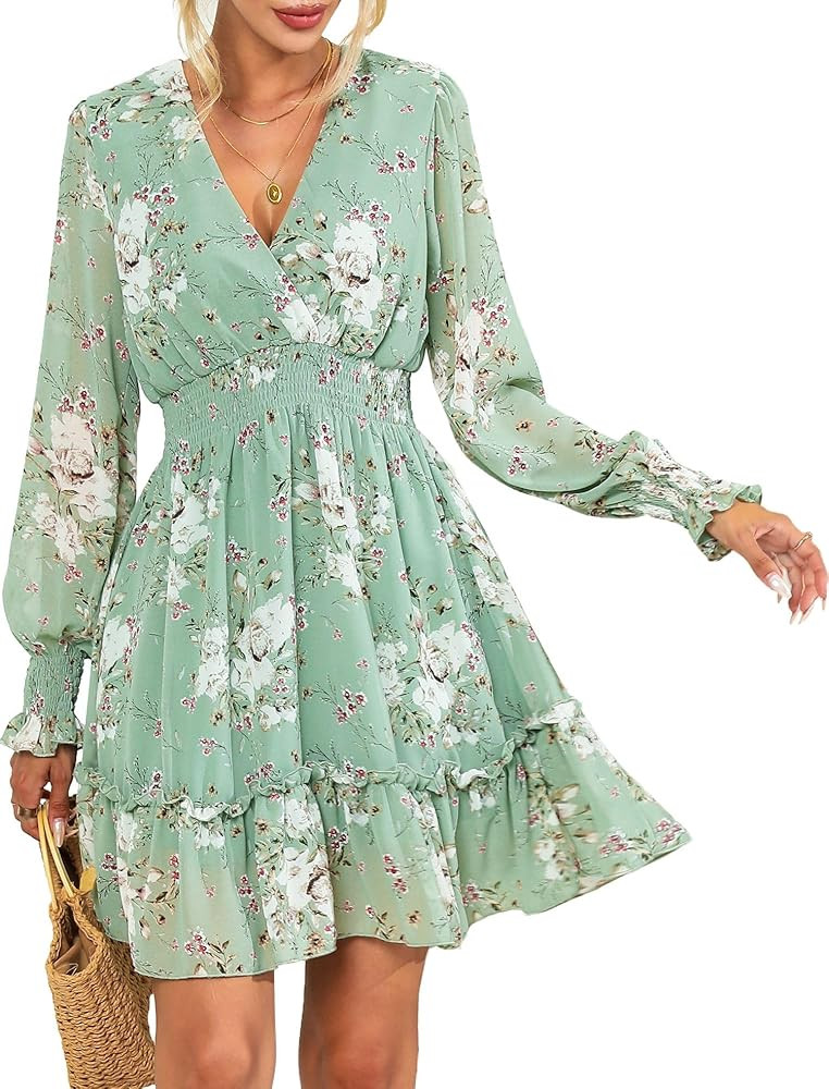 Prettywear Women's Floral Chiffon Long Sleeve Mini Dress Flowy A-Line Wrap Neck Tie Back Short Dr... | Amazon (US)