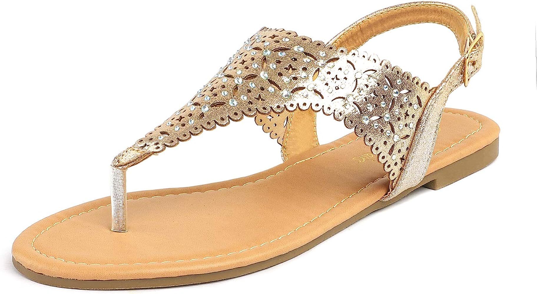 DREAM PAIRS Women Rhinestone Casual Wear Cut Out Flat Sandals | Amazon (US)