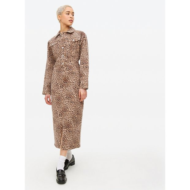 Brown Leopard Printed Denim Shirt Dress 14 | argos.co.uk