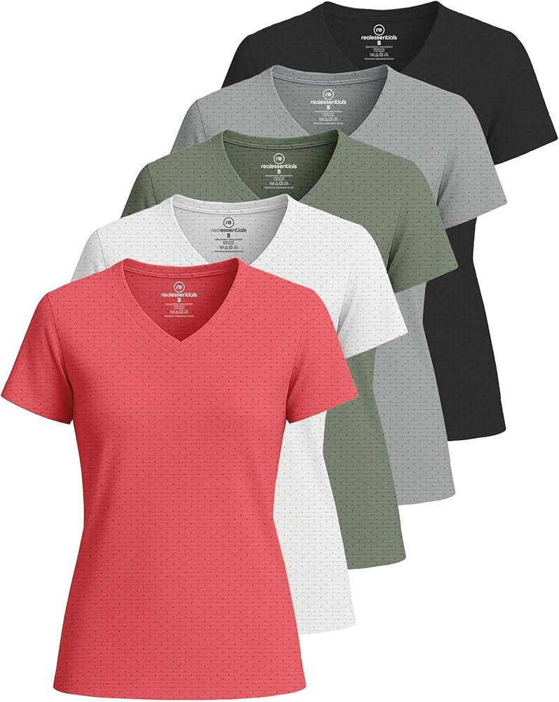 Real Essentials 5 Pack: Women's Short Sleeve Breeze Tech V-Neck T Shirt –Workout Top Wicking Dr... | Amazon (US)
