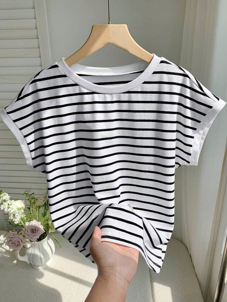 Comfortcana Women's Summer Knit Striped Short Sleeve Crew Neck Casual T-Shirt | SHEIN