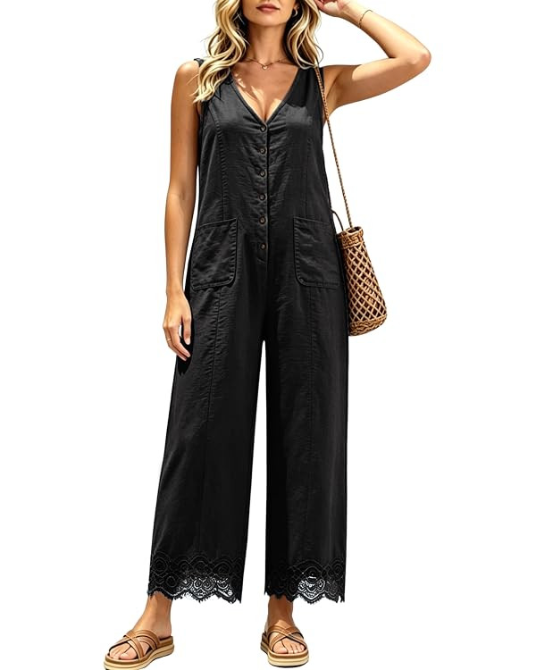 AMEBELLE Women Button Down Jumpsuits Sleeveless Overalls V Neck Wide Leg Flowy Rompers with Pocke... | Amazon (US)