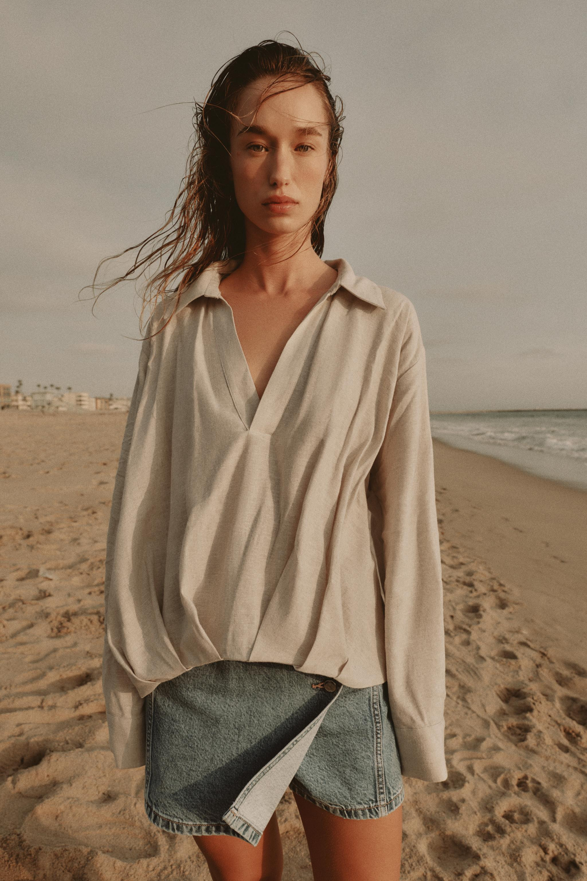 LINEN BLEND SHIRT WITH PUFF HEM | Zara UK