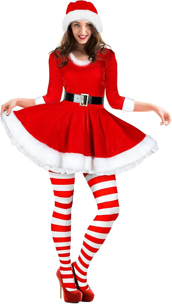 Geyoga Women's Santa Claus Costume Set Velvet Dress with Belt Women's Xmas Striped Tights Santa H... | Amazon (US)