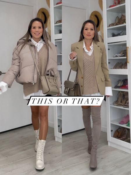 All neutral tones outfits inspo. Oversized sweater vest, white button shirt, combat boots, cropped puffer jacket. Blazer jacket and over the knee boots 

#LTKshoecrush #LTKstyletip