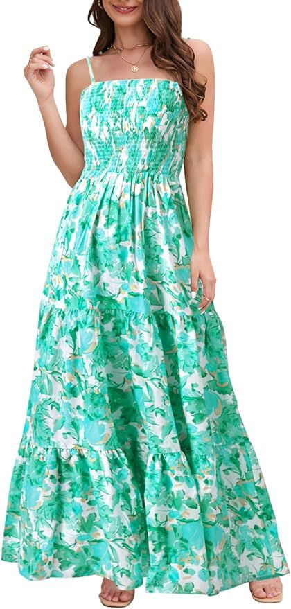 MYHALF Maxi Hawaiian Dresses for Women: Summer Boho Floral Sleeveless Spaghetti Strap Smocked Tie... | Amazon (US)