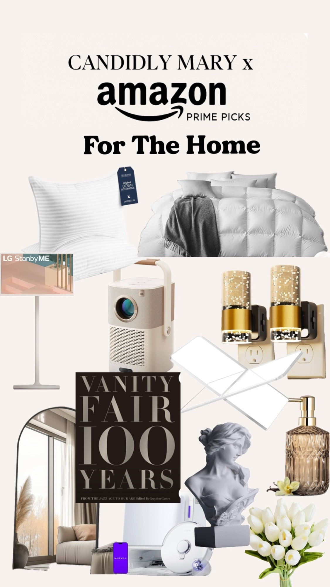 🛋️ Candidly Mary x Amazon Prime Picks: For The Home 🕯️
Curated coziness meets timeless design—these are the Amazon finds I’d recommend to anyone looking to elevate their home without breaking the bank.

From dreamy bedding and glam night lights to sculptural accents and tech that blends in beautifully—every piece is Prime-eligible and totally Mary-approved 💌

✨ Shop the look:
✔️ LG StanbyME portable screen
✔️ Narwal robot vacuum + mop
✔️ Sculptural bust decor
✔️ Crystal wall sconces
✔️ Velvet throw pillow set
✔️ Designer-inspired mirror
✔️ Modern essential oil diffuser
✔️ Book: Vanity Fair 100 Years
✔️ Glass soap dispenser
✔️ White tulip bouquet (faux but flawless!)

🛒 Find it all under “Candidly Mary x Amazon Home”
#CandidlyMary #AmazonFinds #HomeEdit #PrimePicks #ModernLuxury #InteriorInspo #AmazonHome #LTKhome #LTK