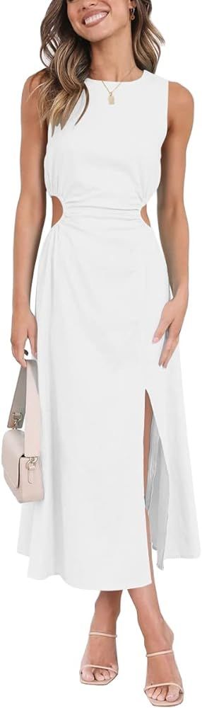 LILLUSORY Womens Cutout Split Linen Cotton Sleeveless Slit Maxi Dress | Amazon (US)