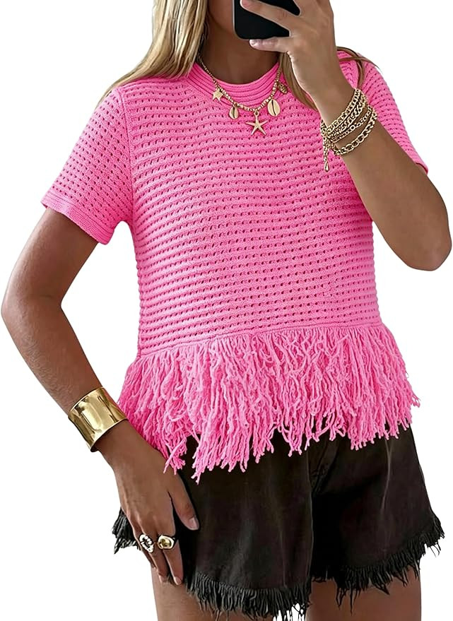 PUWEI Womens Short Sleeve Fringe Tops Crew Neck Boho Crochet Cropped Tops Summer Trendy Knit Swea... | Amazon (US)