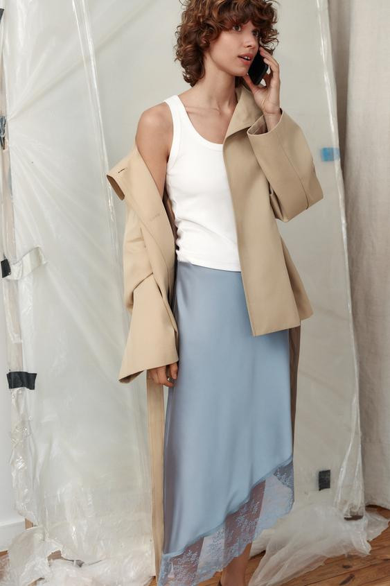 SATIN EFFECT MIDI SKIRT WITH ASYMMETRIC HEM AND LACE | Zara US