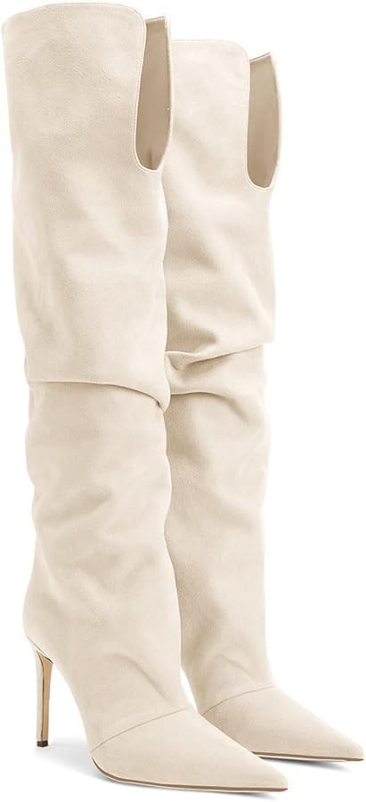 Coutgo Womens Slouchy Knee High Boots High Heel Pointed Toe Sexy Stiletto Pull on Tall Boots Wint... | Amazon (US)