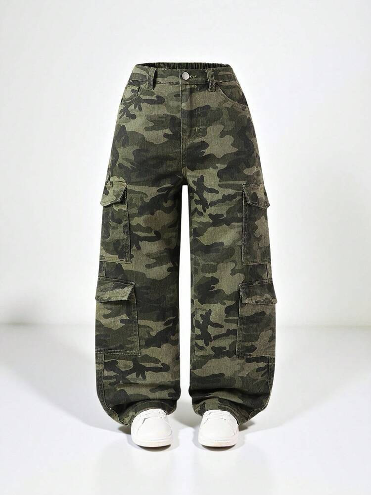 SHEIN Pre-Tween Girls Y2K Multi-Pocket Casual Drawstring Waist Camo Print Cargo Denim Jeans, School, Campus, College | SHEIN