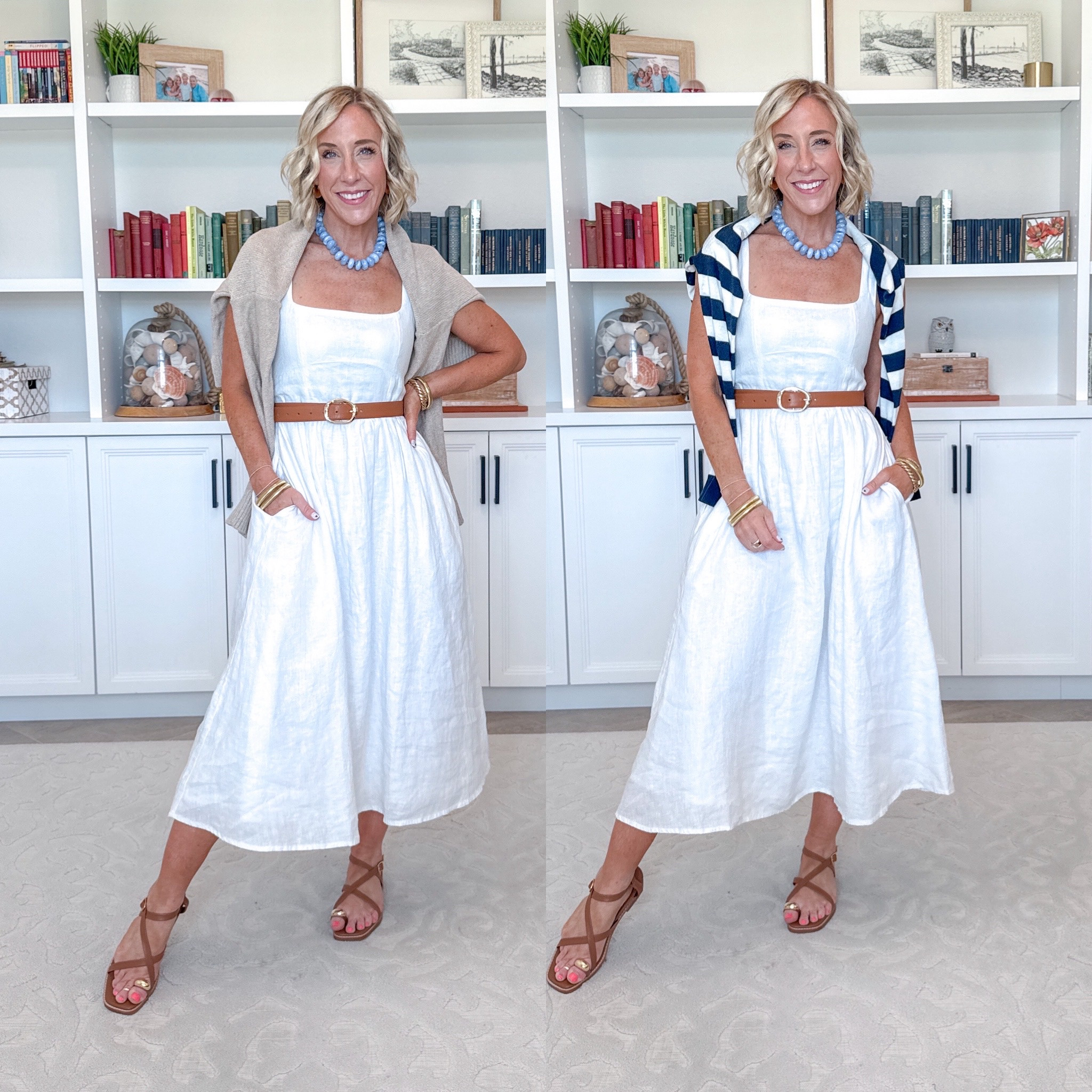 One White Dress - 6-ish ways to wear it: * 100% European Linen Fit & Flare Midi Dress - size XS. 11 colors. Cardigan (over shoulders) - 100% Organic Cotton Cropped Cardigan - size Small. Color: Cement Marl. 9 colors. Striped Lightweight Sweater (over shoulders AND on) - size Small. 36 colors.

#LTKSeasonal #LTKOver40 #LTKTravel
