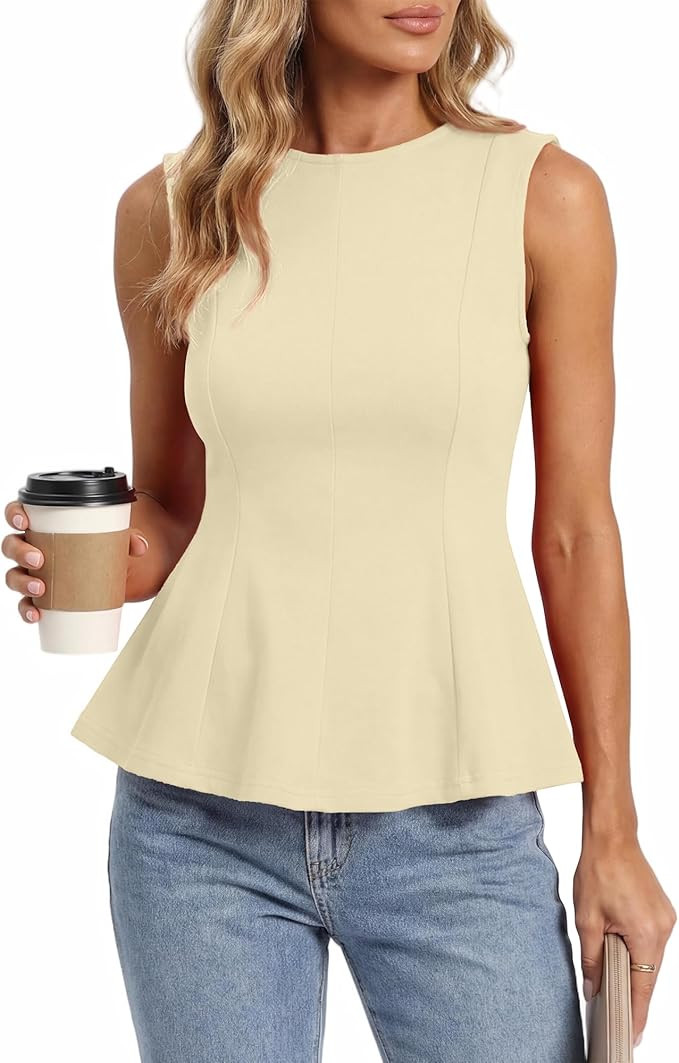BTFBM Womens Summer Tops 2026 Business Casual Outfits Crew Neck Sleeveless Shirts Slim Fit Peplum... | Amazon (US)