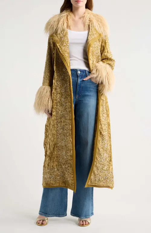Free People Pyre Embellished Faux Fur Detail Crushed Velvet Jacket in Gold Combo at Nordstrom, Size Medium | Nordstrom