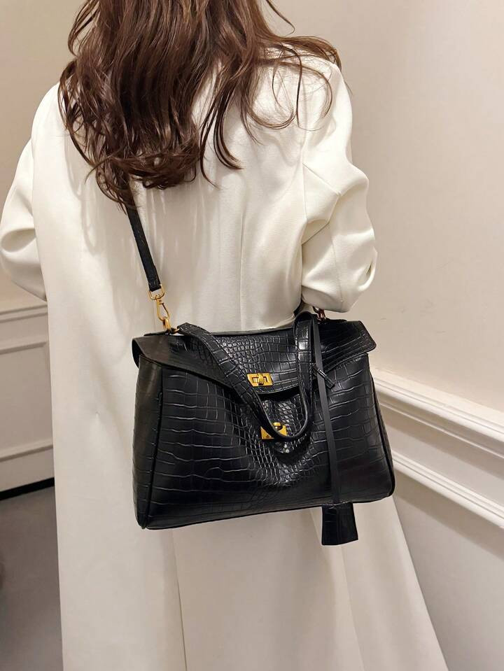 Faux Leather Solid Crocodile Texture Large Capacity Shoulder Tote Bag, European And American Styl... | SHEIN