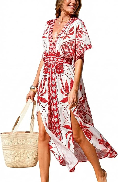 CUPSHE Womens Tropical Floral Maxi Dress V Neck Short Sleeve Smocked Side Slit Dress Summer Vacat... | Amazon (US)