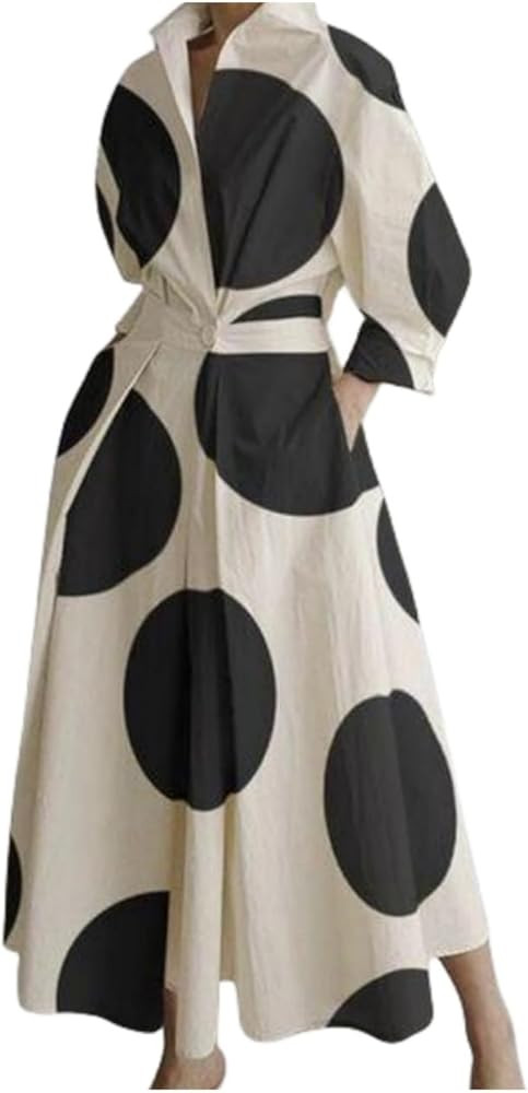 Cotton Linen Shirt Dress for Womens Pleated Button Long Dress Long Sleeve A-line Loose Swing Dres... | Amazon (US)