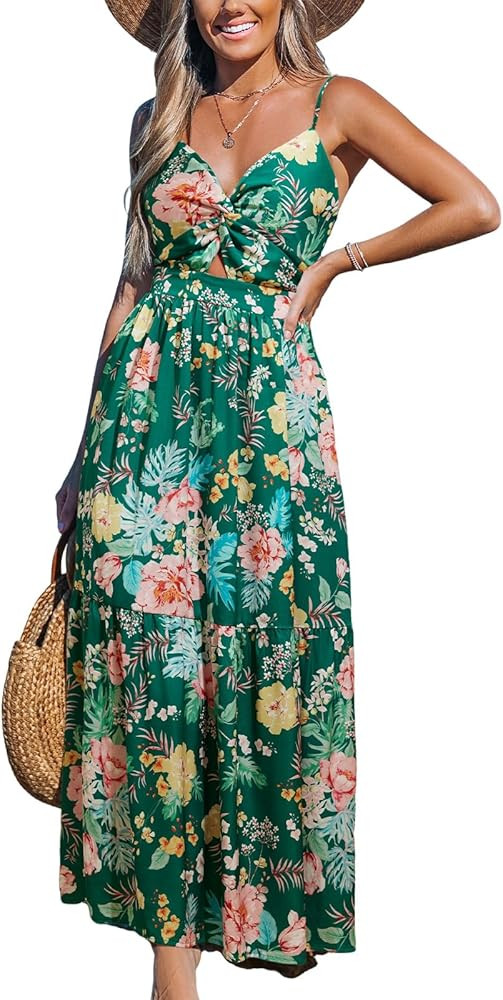 CUPSHE Women's Maxi Dress Floral Print Twisted V Neck Sleeveless Long Dress Summer Casual Dress | Amazon (US)
