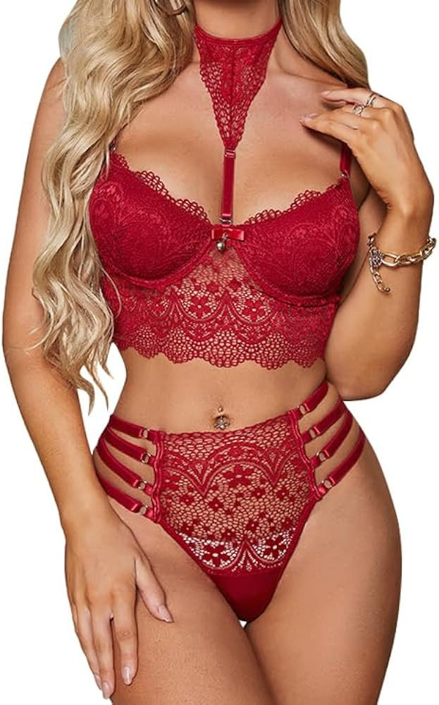 Lilosy Sexy High Waited Underwire Padded Push Up Floral Lace Lingerie Set | Amazon (US)