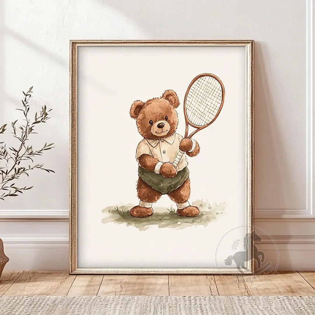 Teddy Bear Tennis Watercolor Print: Nursery Sports Animal Art (digital Download) - Etsy | Etsy (US)