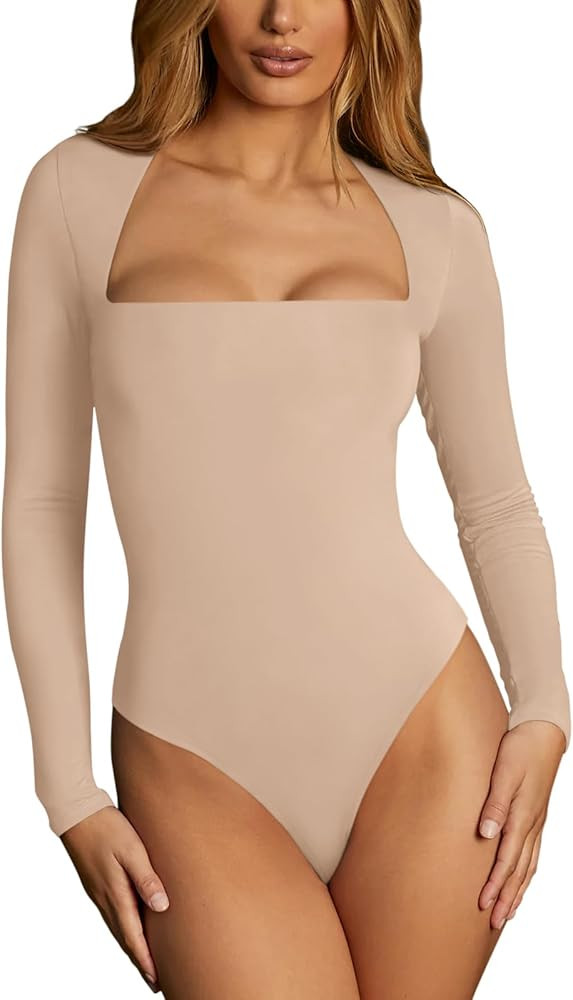 REORIA Womens Sexy Square Neck Double Lined Seamless Shirt Stretchy Long Sleeve Bodysuit Tops | Amazon (US)