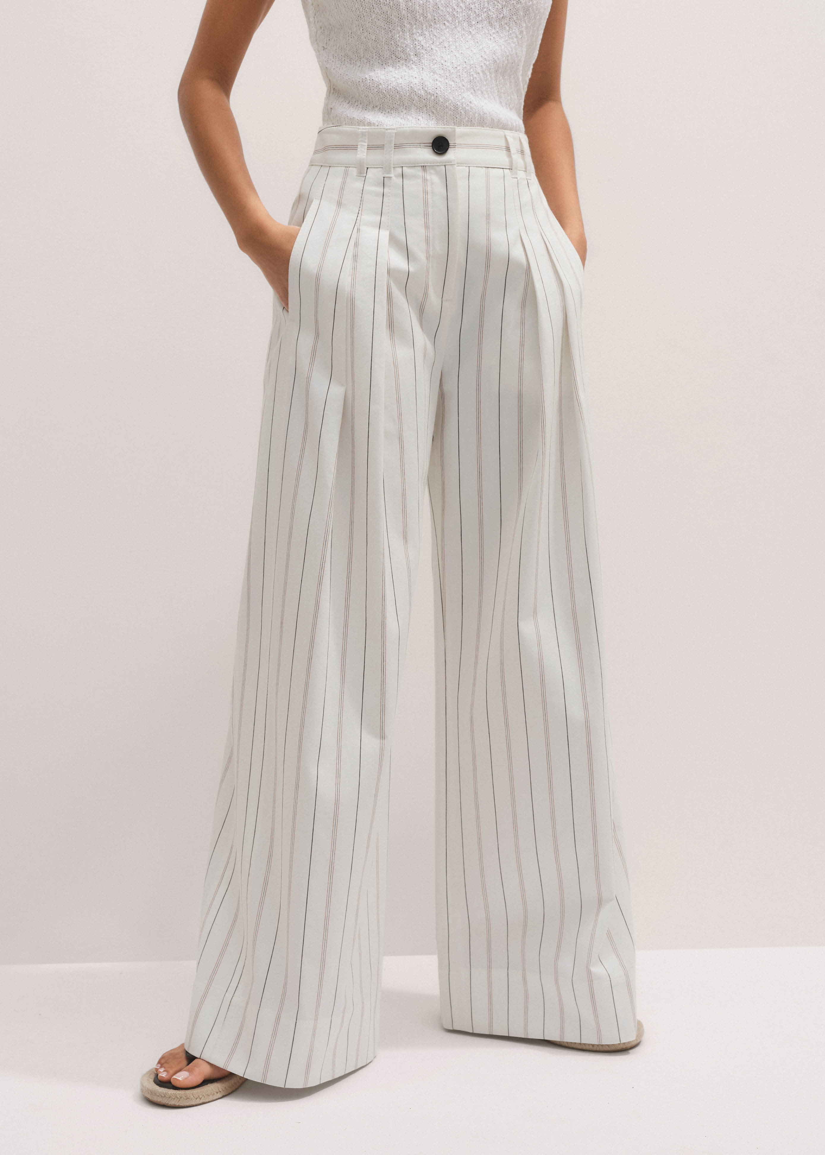 Women's White Multi Stripe Pleat Front Wide-Leg Trouser | ME+EM | ME+EM Global (Excluding US)