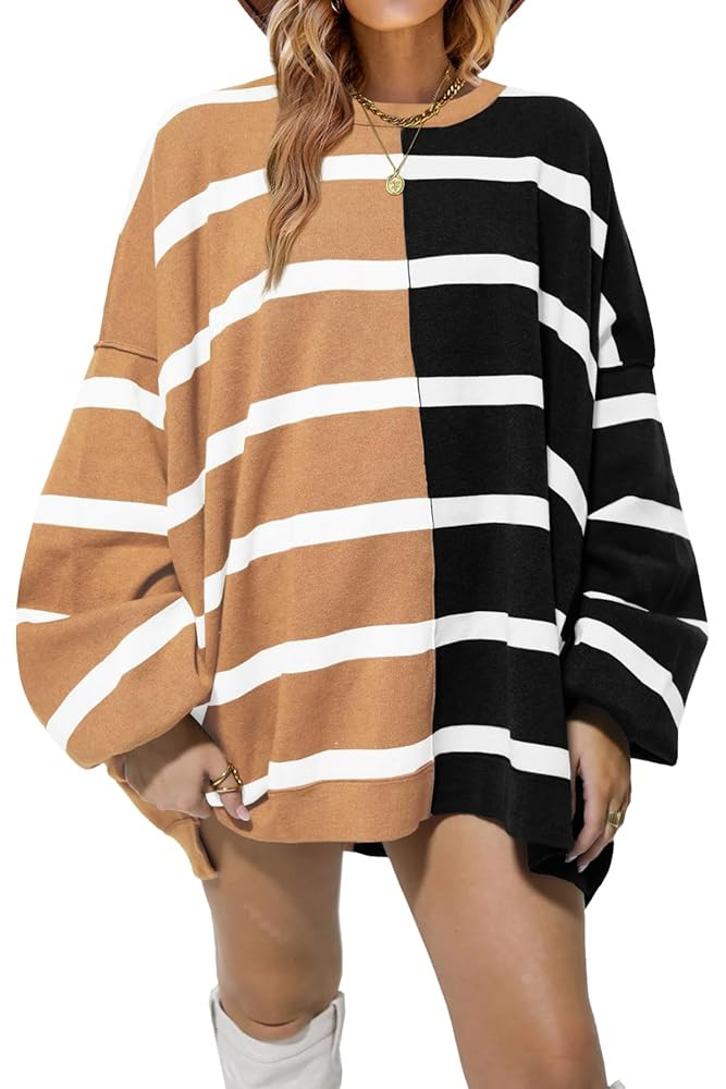 Fisoew Womens Striped Pullover Sweater Crew Neck Long Sleeve Knitted Color Block Casual Loose Lig... | Amazon (US)