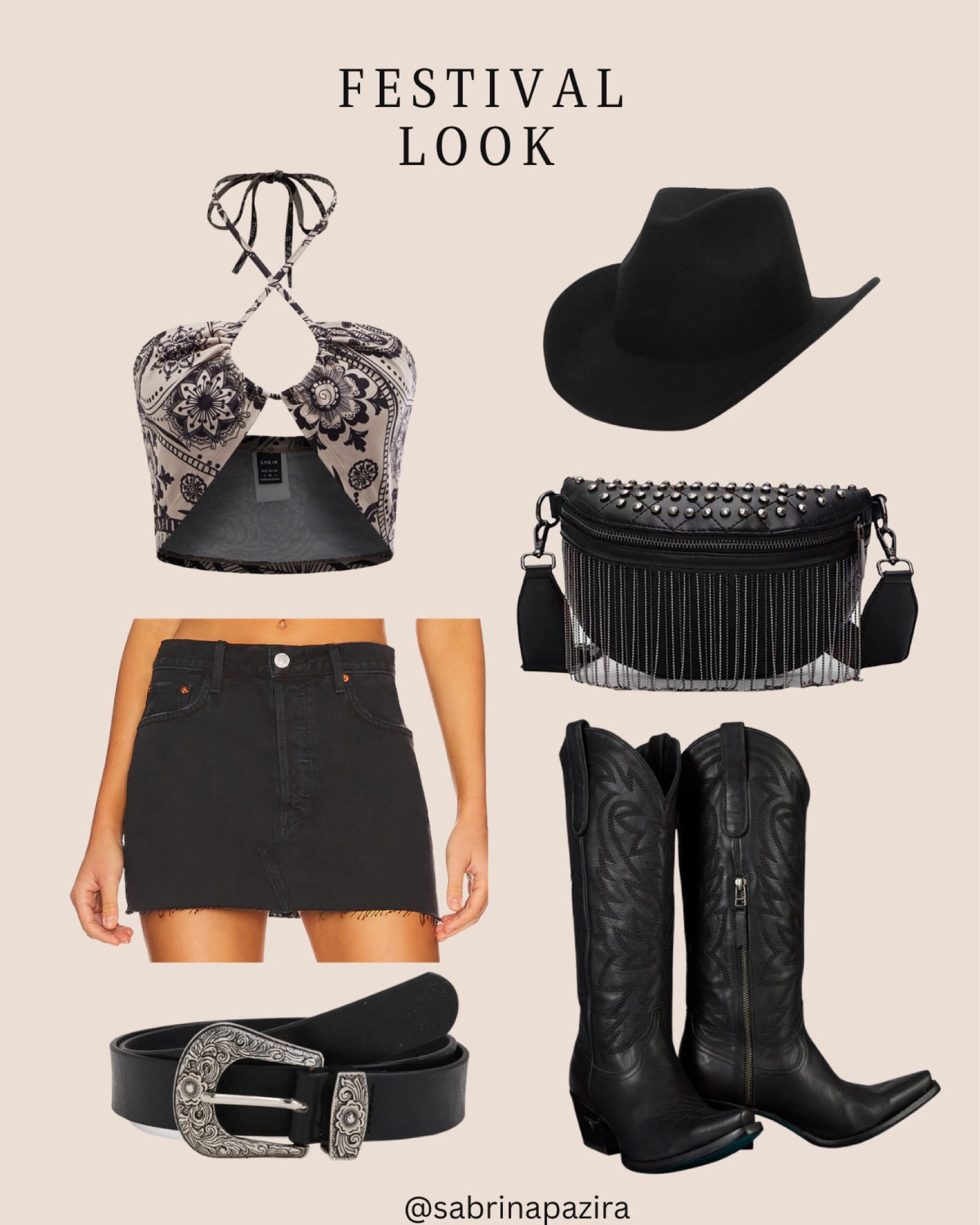 Festival look, halter top, crop top, tie neck, cowboy hat, belt bag, cowboy boots, belt, western style, jean skirt, denim, affordable fashion 

#LTKstyletip #LTKSeasonal #LTKunder100