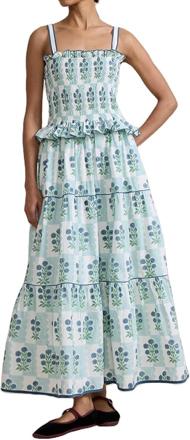 Women Sleeveless Smokced Ruffle Floral Maxi Dress Spaghetti Strap Sunflower Long Dress Boho Swing... | Amazon (US)
