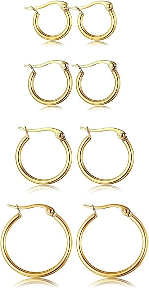 ORAZIO 4 Pairs Stainless Steel Hoop Earrings Set Cute Huggie Earrings for Women,10MM-20MM | Amazon (US)