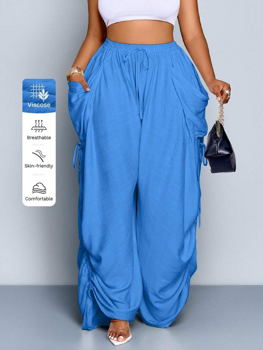 SOLERSUN Plus Size Women's Solid Color Pleated Drawstring Waist Casual Loose Wide Leg Pants, Vari... | SHEIN