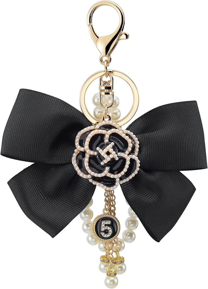 Camellia Flower Bag Charms Bow-Knot keychain with Pearl Lucky Five Chain Dangle Charm for Women's... | Amazon (US)