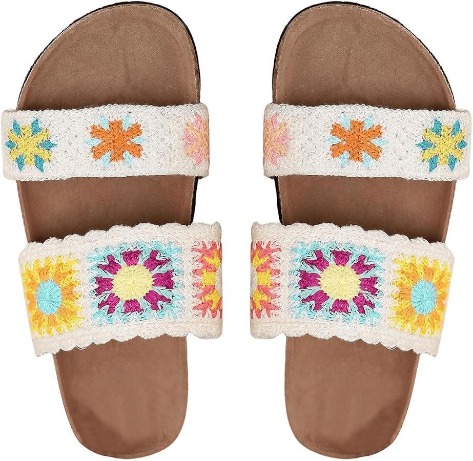OYOANGLE Women's Floral Crochet Sandals Open Toe Double Strap Flat Sandals Slip On Outdoor Casual... | Amazon (US)