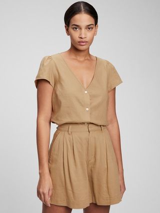 Linen Blend V-Neck Button-Front Shirt | Gap (US)