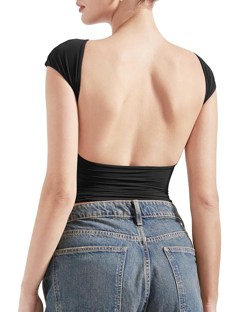 SUUKSESS Women Backless Sexy Going Out Tops Double Lined Open Back Y2k Basic Tee Shirts | Amazon (US)