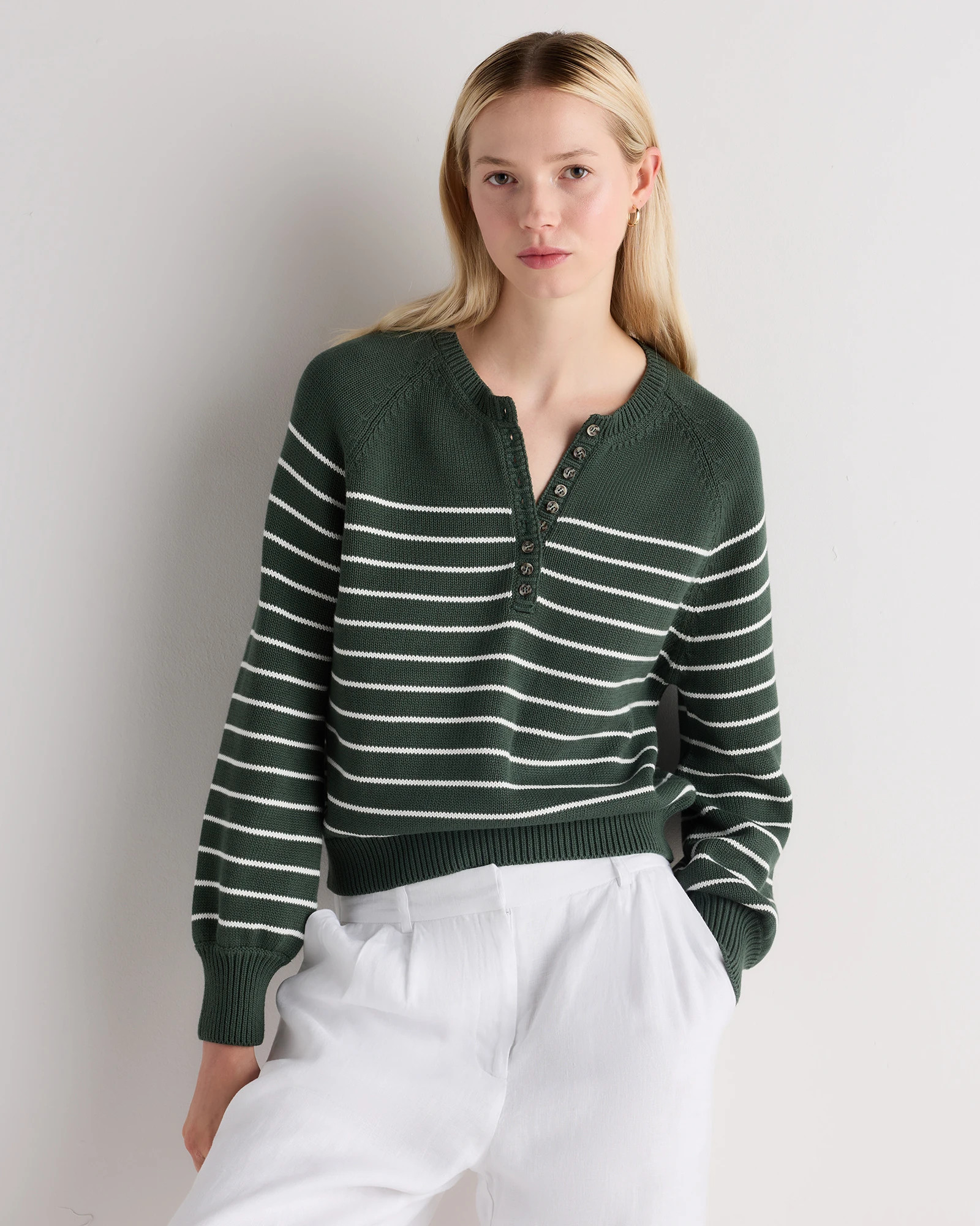 Quince | Women's Striped Henley Sweater in Big Sur Green / Ivory Stripe, Size Small, Organic Cotton | Quince