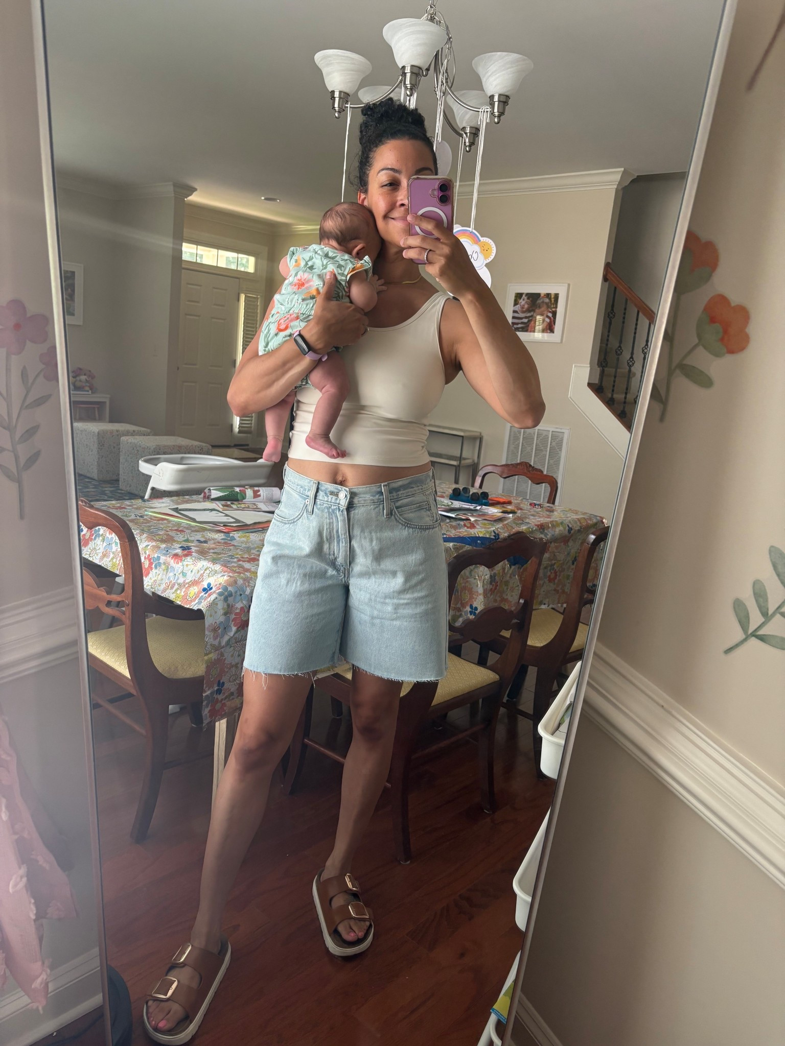 It’s 100° out! Shorts are half off and top is very nursing friendly  