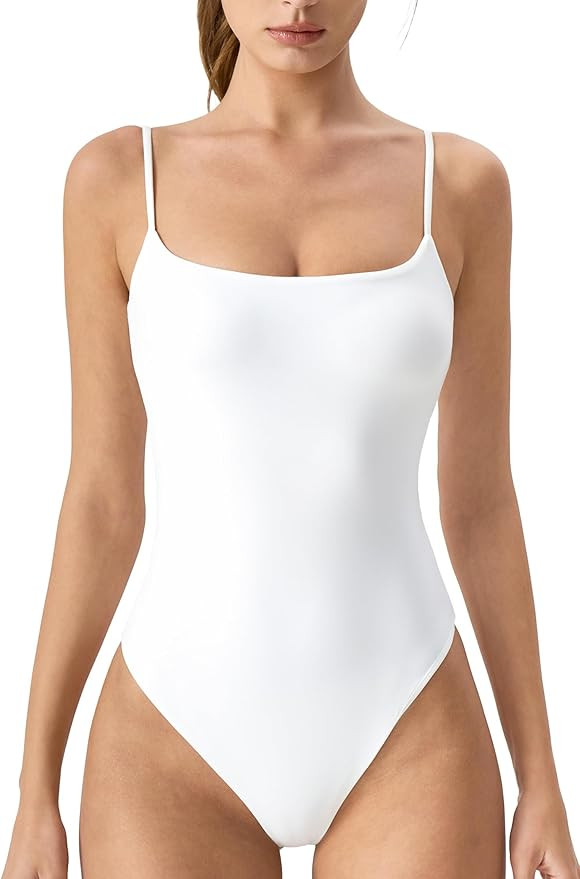 QINSEN Women‘s Spaghetti Strap Bodysuit Top Square Neck Sleeveless Double Lined Cami Shirts | Amazon (US)