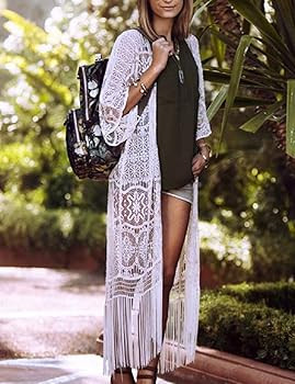 Women Sexy Lace Crochet Open Front Swimsuit Beach Long Kimono Cover Ups | Amazon (US)