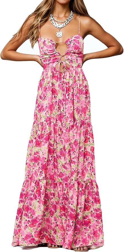 Womens Summer Floral Spaghetti Strap Backless Low Cut Smocked Flowy Maxi Dresses Beach Sundresses | Amazon (US)