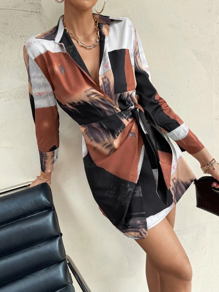 Color-block Knot Side Shirt Dress | SHEIN