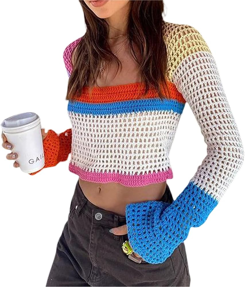 Women Hollow Out Crochet Knit Crop Tops Color Block Long Sleeve Square Neck Fall Sweaters Tops | Amazon (US)
